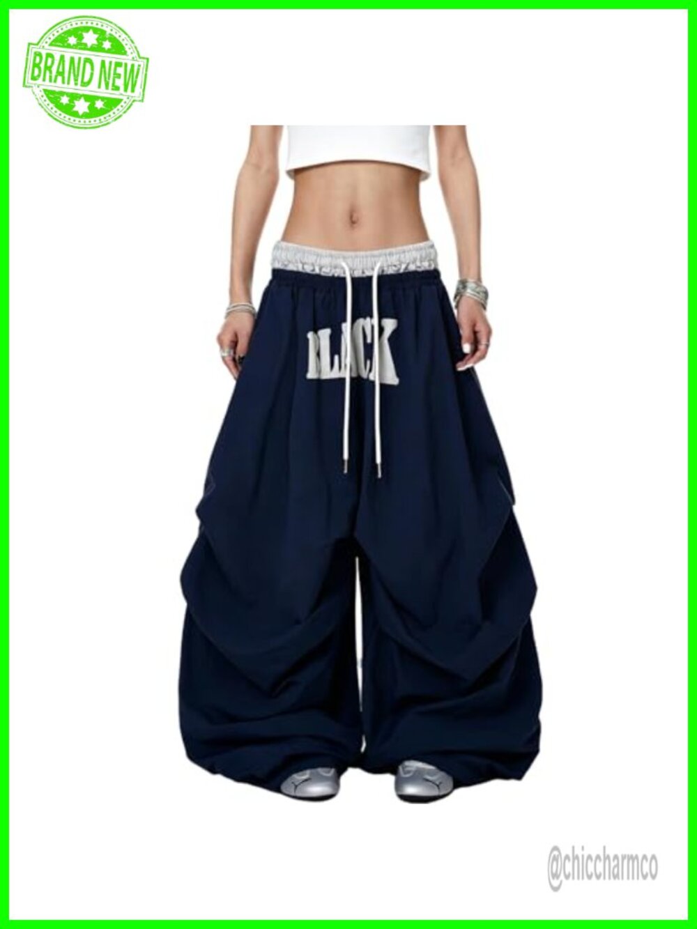 Women Retro High Waisted Wide Leg Parachute Pants Quick Dry Polyester